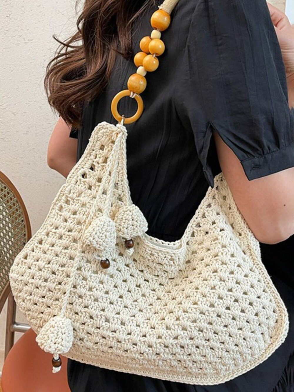 Women's Crochet Hobo Bag | Boho Woven Shoulder Purse | Summer Beach Bag | New - Picture 4 of 6
